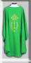 Embroidered Ample Cut Lightweight Chasuble 846 ~ mple cut (60"W x 52"L), lightweight, textured fortrel polyester-linen weave.  Multicolor Swiss Schiffli Embroidery on front only or front and back. Self lined stole is included with each chasuble. Available with roll collar at an additional cost.