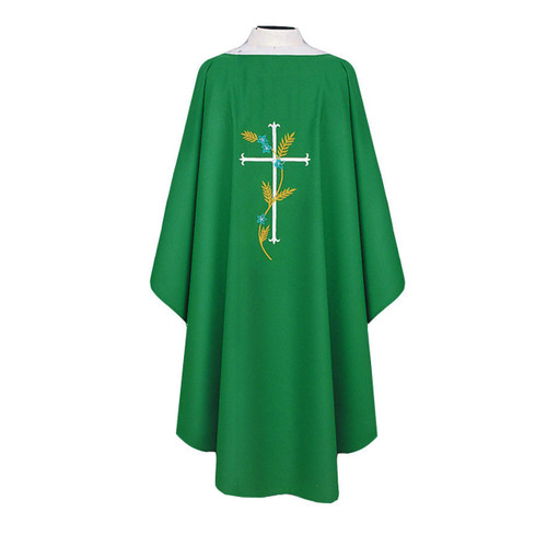 Embroidered Ample Cut Lightweight Chasuble 871 - Ample cut (60"W x 52"L), lightweight, textured fortrel polyester-linen weave.  Multicolor Swiss Schiffli Embroidery on front only or front and back. Self lined stole is included with each chasuble. Available with roll collar at an additional cost.