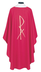 Embroidered Ample Cut Lightweight Chasuble 852 ~ Ample cut (60"W x 52"L), lightweight, textured fortrel polyester-linen weave.  Multicolor Swiss Schiffli Embroidery on front only or front and back. Self lined stole is included with each chasuble. Available with roll collar at an additional cost.