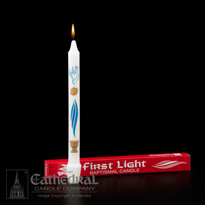 St. Jude Shop’s First Light Baptismal Candle in English.

 