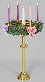 We start with two 36-inch rings made of aluminum and powder coated in gold.  Between the two rings, crossbars intersect to provide support for a brass bobeche for the Christ candle, which accommodates a three-inch candle and has a spike to provide stability. Surrounding the Christ candle, attached to the rings, four five-inch brass bobeches, finished in a satin bronze,  are fitted with 1-1/4-inch sockets.  You may specify your socket size  UP TO THREE INCHES at no additional charge