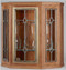 Ambry - Clear leaded beveled glass in door and two side panels. Made of Oak Plywood with light finish. Adjustable glass shelf inside. Size: 25"H x 24-1/2"W and 10-1/2"D. Lighted interior