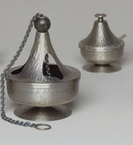 Censer and Boat Style 2687 with oxidized silver finish. Censer approximately 6" wide x 7 1/4" tall chain ext: approximately 27" from top.