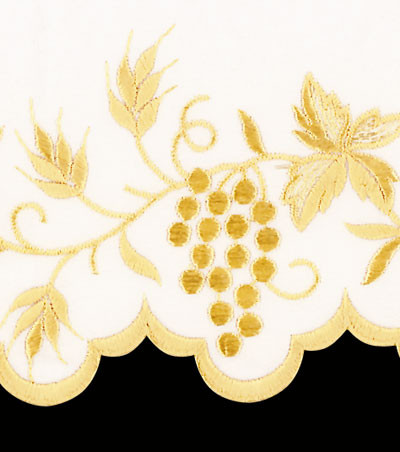 Altar Cloth is 100% polyester with gold silk embroidery. The linens are hand scalloped. Easy to maintain. Available in White only. For proper measurement please refer to sketch below. Priced per yard. Please specify if you would like hemming and supply measurements. Please call 1 800 523 7604 for help with measuring and ordering.  Cloth is priced per yard.