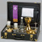 Traveling Mass Kit - 7 3/4" x 13" x 5". High quality case with portfolio for linens. Includes the following items nested in poly-foam: 6" Chalice and Paten metal all gold plated; 1 pair stainless steal cruets; 1 pair votive glass candlesticks; 1 16 oz. wine decanter; 1 metal host box; 1 standing crucifix; Chalices are all metal construction, all gold plated. Includeds priest's stole and altar linen. The chalice cups are silver plated before they are gold plated for durable finish.