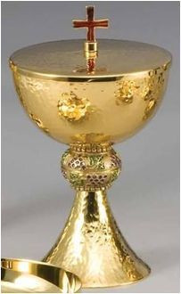 Ciborium with Round Hammered Gold Finish - Height: 8 1/2", Cup diameter: 5", Sterling silver inside.