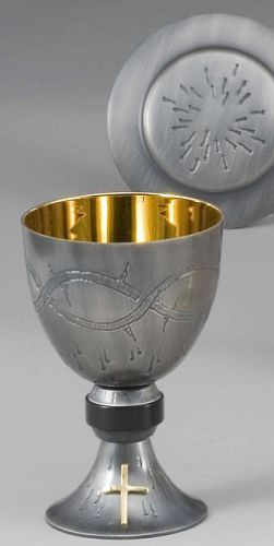 Chalice and Paten in Round Hammered Gold Finish - 24K Gold Plated Sterling Silver cup design with cast node. Height: 6 3/8", Cup diameter: 4 1/2", 16 Ounce capacity, 24K gold plated.