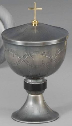 Ciborium - Height: 8 1/2", Cup diameter: 5". Crown of Thorns on Oxidized Silver and 24K gold plated inner lined cup. Ciborium Only.