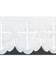 Image of a white linen altar cloth with white silk embroidery of a cross and hand-scalloped hem. Fabric is sold by the Yard and is NOT RETURNABLE