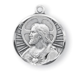 3/4" Sterling Silver Scapular medal showing the Sacred Heart of Jesus on the front and Our Lady of Mount Carmel on the reverse side.  Medal comes with a genuine rhodium 24" chain in a deluxe velour gift box.