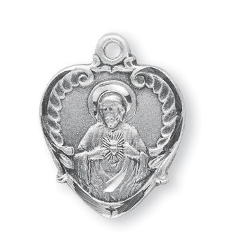 3/4" Sterling Silver Scapular medal showing the Sacred Heart of Jesus on the heart shaped front and Our Lady of Mount Carmel on the reverse side. Medal comes with a genuine rhodium 18" chain in a deluxe velour gift box.