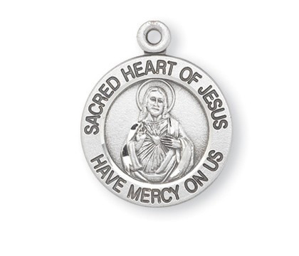 13/16" Sterling Silver Scapular medal showing the Sacred Heart of Jesus on the round shaped front and Our Lady of Mount Carmel on the reverse side. Sacred Heart of Jesus Medal comes with a genuine rhodium 18" chain in a deluxe velour gift box.