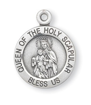 Sterling  Silver Scapular medal showing the Our Lady of Mount Carmel on the round shaped front and the Sacred Heart of Jesus on the reverse. Medal says "Queen of the Holy Scapular, Bless Us". A 18" Rhodium Plated Curb Chain is Included with a Deluxe Velour Gift Box.