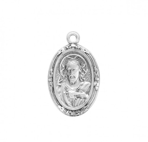 3/4" Sterling Silver Scapular medal showing the Sacred Heart of Jesus on the front and Our Lady of Mount Carmel on the reverse. Comes on an 18" genuine rhodium plated chain in a deluxe velour gift box. 