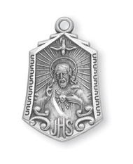 1" Sterling Silver Scapular medal showing the Sacred Heart of Jesus on the elongated pentagon shaped front and Our Lady of Mount Carmel on the reverse. The 1" medal comes with a 24" genuine rhodium plated endless chain in a deluxe velour gift box.
