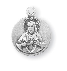 5/8" Sterling silver Scapular medal showing the Sacred Heart of Jesus on the round shaped front and Our Lady of Mount Carmel on the reverse. The  medal comes with an 18" genuine rhodium plated chain in a deluxe velour gift box.