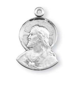 3/4" Sterling silver Scapular medal showing the Sacred Heart of Jesus profile medal with Our Lady of Mount Carmel on the reverse.  The medal comes with an 18" genuine rhodium plated endless chain in a deluxe velour gift box.