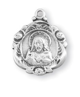 Scapular-Sacred Heart of Jesus Scapular Medal. Solid .925 serling silver. Dimensions: 0.7" x 0.6" (17mm x 14mm). The medal comes with an 18" genuine rhodium plated curb chain and  in a deluxe velour gift box. Made in the USA.