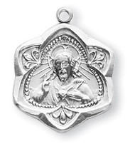 7/8" Sterling Silver Scapular medal showing the Sacred Heart of Jesus on the unique shaped front and Our Lady of Mount Carmel on the reverse.  The medal comes with an 18" genuine rhodium plated chain in a deluxe velour gift box. 