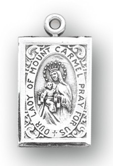 7/8" Sterling silver Scapular medal showing Our Lady of Mount Carmel on the rectangle shaped front and the Sacred Heart of Jesus on the reverse. The medal comes with an 18" genuine rhodium plated chain in a deluxe velour gift box.