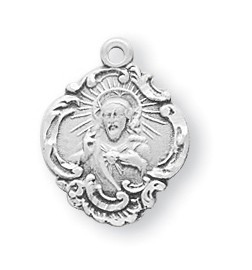 5/8" Sterling silver Scapular medal showing the Sacred Heart of Jesus on the fancy baroque style front and Our Lady of Mount Carmel on the reverse. The medal comes with an 18" genuine rhodium plated chain in a deluxe velour gift box.