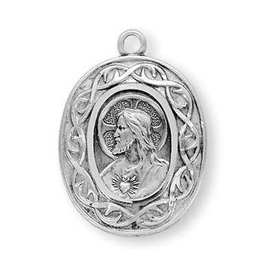 15/16" Sterling silver "Crown of Thorns" Scapular medal showing the Sacred Heart of Jesus on front and Our Lady of Mount Carmel on the reverse. The medal comes with a 24" genuine rhodium plated endless chain in a deluxe velour gift box.