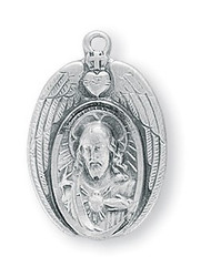 13/16" Sterling Silver Scapular Medal. Sacred Heart of Jesus pendant surrounded by angel wings comes with a genuine rhodium 18" Chain.  A deluxe velour gift box is included. Made in the USA