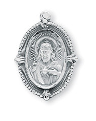 1 1/16" Sterling silver Scapular medal showing the Sacred Heart of Jesus on the oval shaped front and Our Lady of Mount Carmel on the reverse. The medal comes with a 24" genuine rhodium plated endless chain in a deluxe velour gift box.