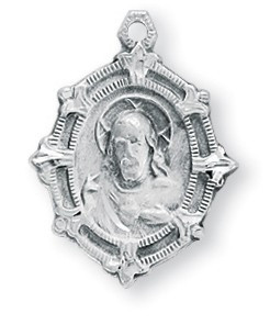 13/16" Sterling Silver Scapular medal with a cut out floret border showing the Sacred Heart of Jesus on the front and Our Lady of Mount Carmel on the reverse side. Medal comes with a genuine rhodium 18" Chain and a deluxe velour gift box.
