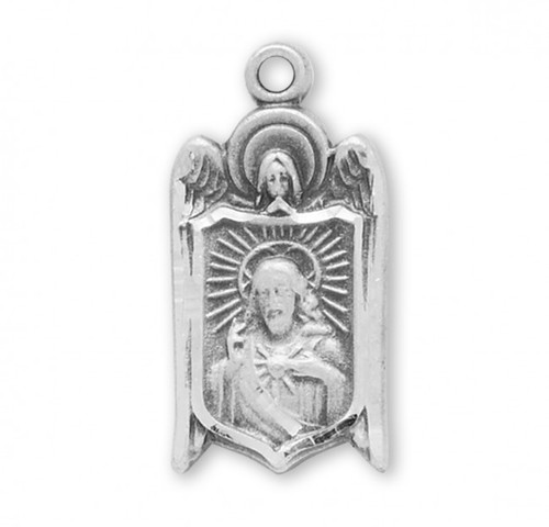 13/16" Sterling silver Scapular medal with an angel border showing the Sacred Heart of Jesus on the shield shaped front and Our Lady of Mount Carmel on the reverse.  The medal comes with an 18" genuine rhodium plated chain in a deluxe velour gift box.