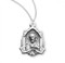 3/4" Sterling silver Scapular medal with an angel border showing the Sacred Heart of Jesus on the art deco cathedral shaped medal and Our Lady of Mount Carmel on the reverse. The 3/4" medal comes with an 18" genuine rhodium plated chain in a deluxe velour gift box.