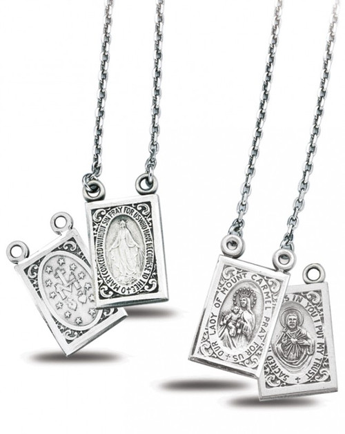 7/8" Sterling Silver Two Piece doubled sided Scapular Medals, 24" chains and a deluxe velour gift box included