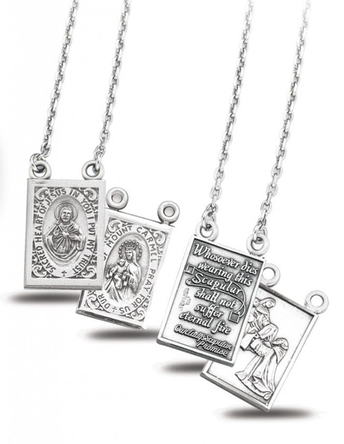 Sterling Silver Two Piece Double Sided Scapular Medals with Our Lady of Mount Carmel. Medals come on a genuine Rhodium plated 18" chain and a deluxe velour gift box included.  Solid .925 sterling silver. Dimensions: 0.9" x 0.5" (22mm x 12mm). Made in USA.