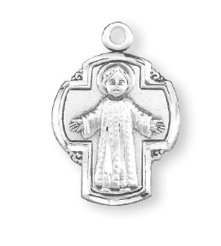 13/16" Sterling Silver Christ Child on a Cross Medal. Comes with a 18" genuine rhodium chain in a deluxe velour gift box.