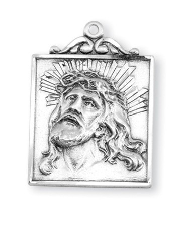 Sterling Silver "Crown of Thorns" 1.1" square medal-pendant. 24" Genuine rhodium plated endless curb chain.  Comes in a deluxe velour gift box. Made in the USA