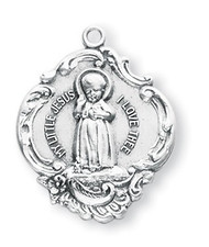 1" Sterling Silver Infant Jesus Medal with a genuine rhodium 18" Chain in a deluxe velour gift box.