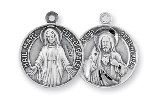 13/16" Round Sterling Silver Our Father/Hail Mary Medal-Sacred Heart of Jesus on the front and the Blessed Mother on the reverse side. Comes on a genuine rhodium 20" chain in a deluxe velour gift box