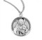 13/16" Sterling Silver Our Father/Hail Mary Medal-Sacred Heart of Jesus on the front of the round shaped medal and the Blessed Mother Mary on the reverse side. Medal comes on an 18"  genuine rhodium plated curb chain. Dimensions: 0.8" x 0.7"(21mm x 18mm). Medal comes in a deluxe velour gift box. Solid .925 sterling silver. Made in USA.