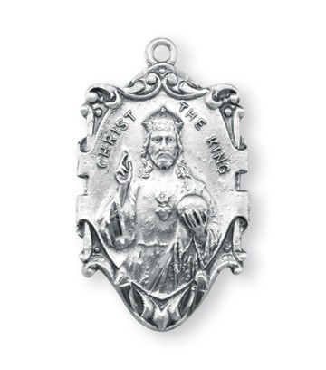 1 1/16" Sterling Silver Christ the King Medal with 24 inch genuine rhodium chain in a deluxe velour gift box.