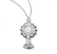 1 1/8" Sterling Silver or Gold Over Sterling Silver Monstrance Pendant with an 18" Genuine rhodium plated curb chain in a deluxe velour gift box. Made in USA.