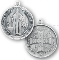 1-1/2" Sterling Silver Round Jubilee Saint Benedict Medal on a 27" Chain.  Weight of medal: 6.2 Grams.  This Medal Comes in a Deluxe Velour Gift Box. Saint Benedict is The Patron Saint for Protection Against Evil. Made in the USA