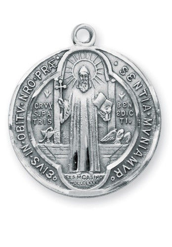 Round Double Sided Sterling Silver St. Benedict Medal. St Benedict Medal comes on a  24" genuine rhodium plated endless curb chain.  St. Benedict medal comes in a deluxe velour giftbox. Dimensions:1.1" x1.0 (29mm x 26mm).  Weight of medal: 6.2 Grams.  Made in USA.