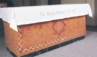 Embroidered with "In Remembrance of Me" 100% pure Linen Communion Table Cover with beautiful Swiss Schiffli embroidery (Verse of Your Choice) making it ideal for use on Communion Sunday or other festive occasions.  Minimum front drop 10". Have length and width of table along with drops required when calling to order.  Hemming and mitered corners included in price.  Call 1 800 523 7604 for assistance in ordering.