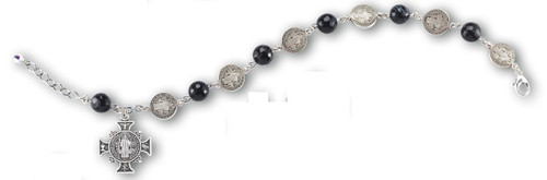 Saint Benedict Bracelet with 8mm black striped agate stones and 11mm sterling silver Saint Benedict Beads with with an ornate sterling silver Saint Benedict Cross. Comes in a deluxe velour gift box.