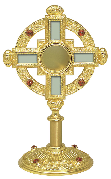 Gold plated monstrance with silver cross and 8 red rubies