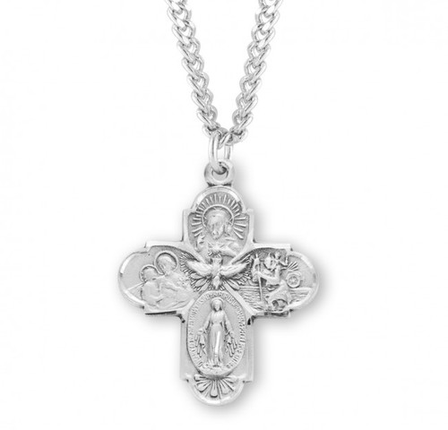 Sterling Silver Four-way combination Medal, Miraculous-Scapular-Saint Christopher-Saint Joseph medals.  Included is a 24" genuine rhodium plated endless curb chain. Dimensions: 1.1" x 0.9" (28mm x 22mm). Deluxe velvet gift box.  Made in USA.