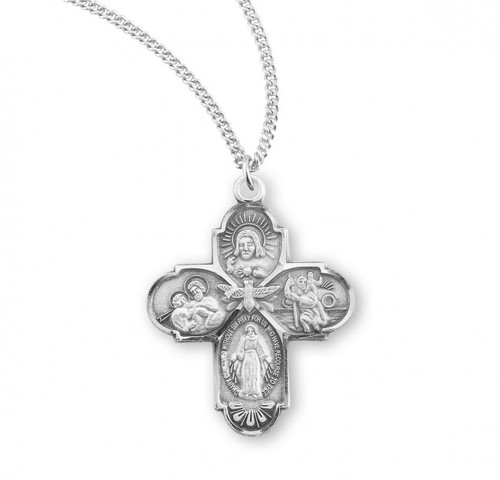 Four-way combination Medal, Miraculous-Scapular-Saint Christopher-Saint Joseph medals.  Available in Sterling Silver  or 16kt Gold over solid sterling silver. An 18" rhodium or gold plated curb chain is Included with a Deluxe Velour Gift Box. Dimensions: 0.9" x 0.7" (22mm x 18mm). Made in USA.