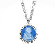 1-3/16" Light Blue Capodimonte Cameo Madonna and Child with Filigree Sterling Frame, Made in Italy. A 24" Rhodium Plated Curb Chain is included with a Deluxe Velour Gift Box.