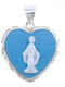 Sterling Silver heart shaped Light Blue Cameo Miraculous Medal made in Italy of bas-relief blue and white Capodimonte porcelain. Encased in a 7/8" sterling silver Italian rope frame with a bale for an 18" rhodium plated endless curb chain in a deluxe velour gift box.