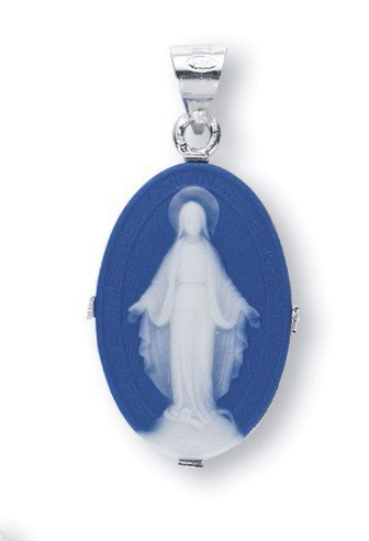 Sterling Silver Cameo Miraculous Medal made in Italy of bas-relief blue and white Capodimonte porcelain. Encased in a 1-1/4" sterling silver Italian miraculous back frame with a bale for an 18" Rhodium plated curb chain in a deluxe velour gift box.